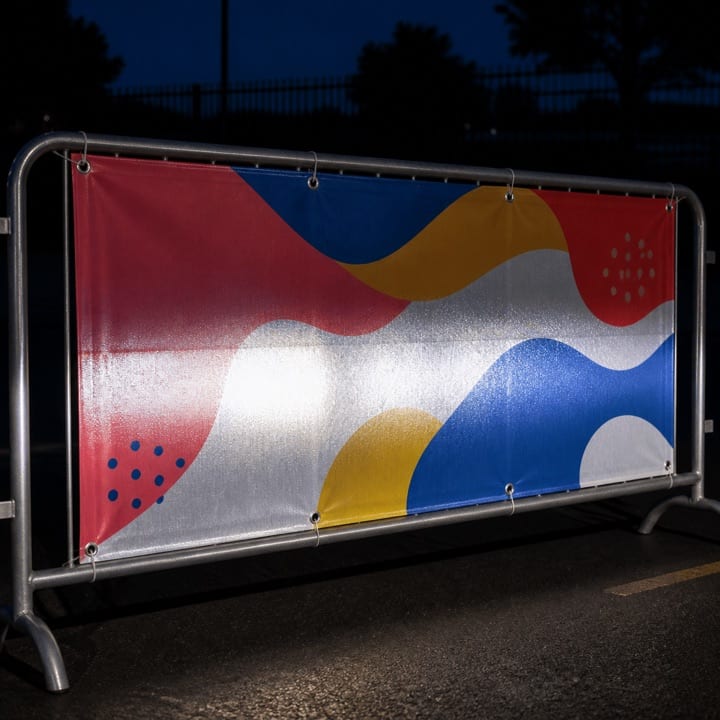 Gece araç farı ışığını yansıtan, metal bariyere gerilmiş renkli reflektif branda