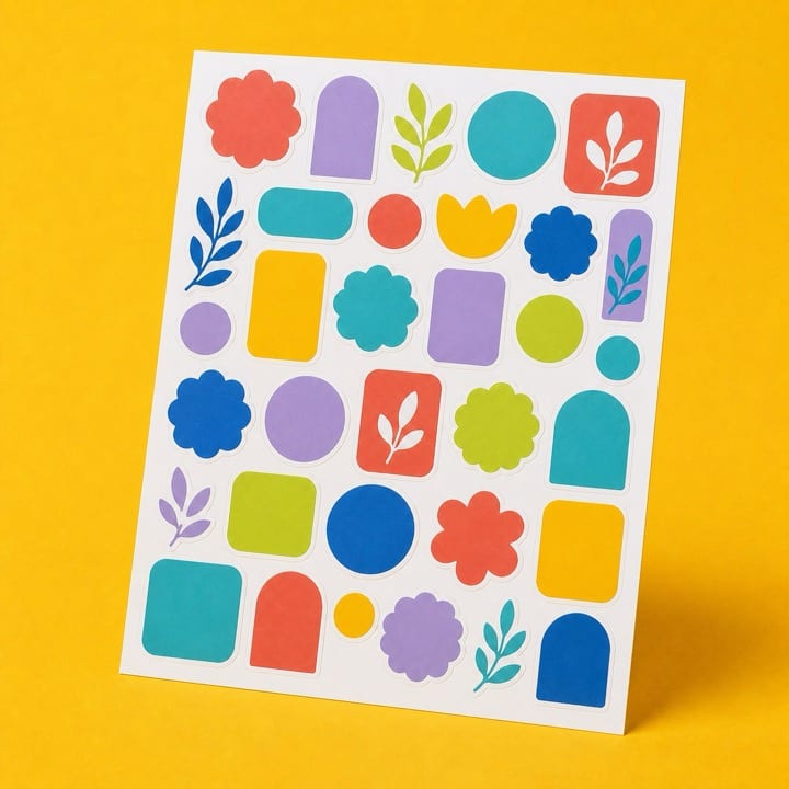 Çok sayıda renkli sticker içeren A4 sticker baskı sayfası