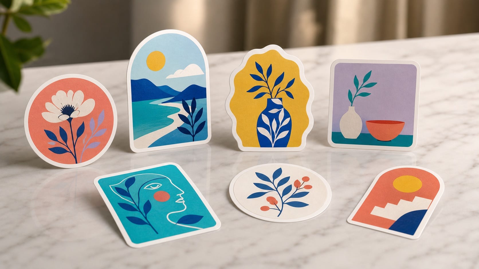 Mermer yüzeyde farklı renk ve biçimlerde özel kesim stickerlar