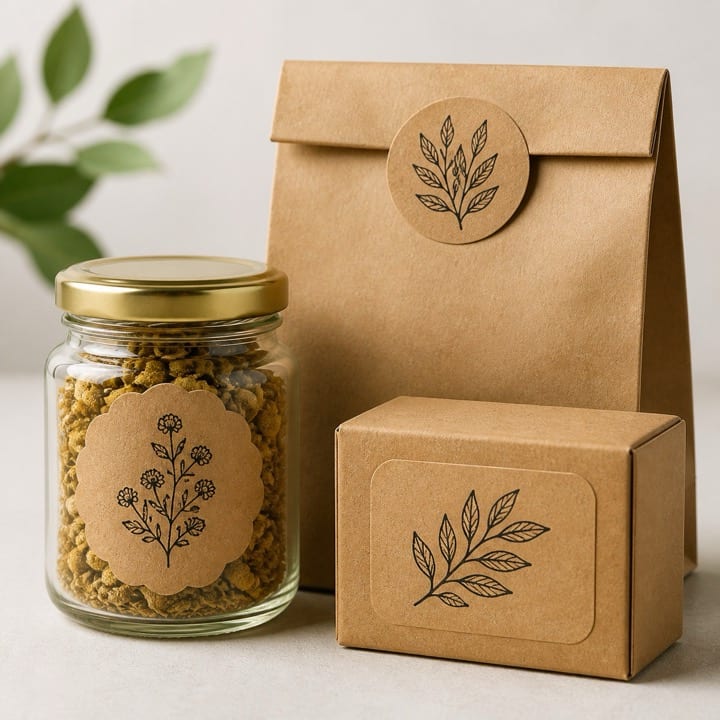 Cam kavanoz ve kraft paketler üzerine uygulanmış kraft stickerlar