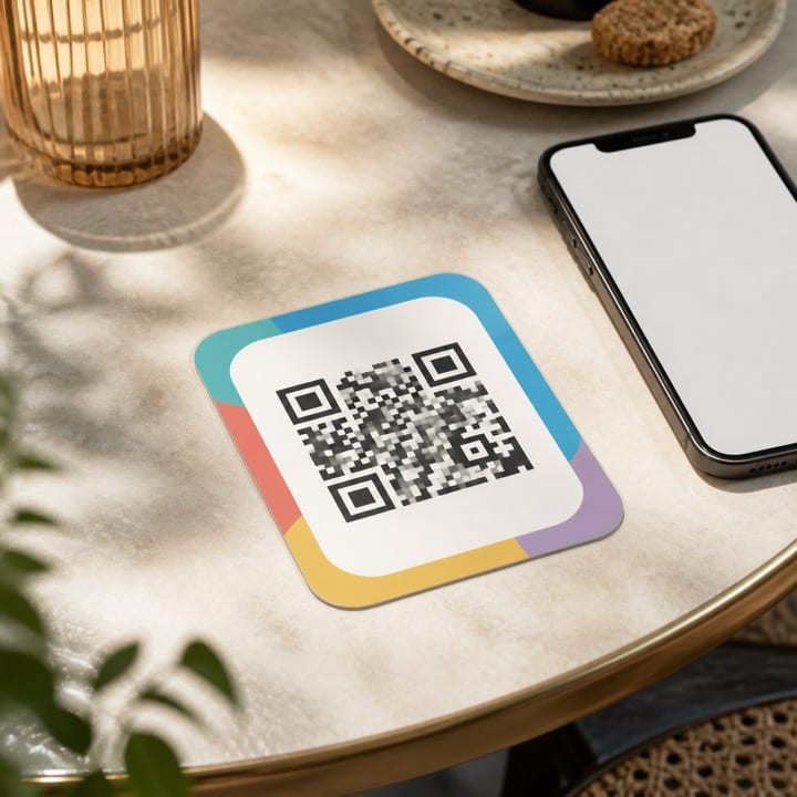 Masa üzerinde oval köşeli renkli QR kod menü stickerı ve telefon