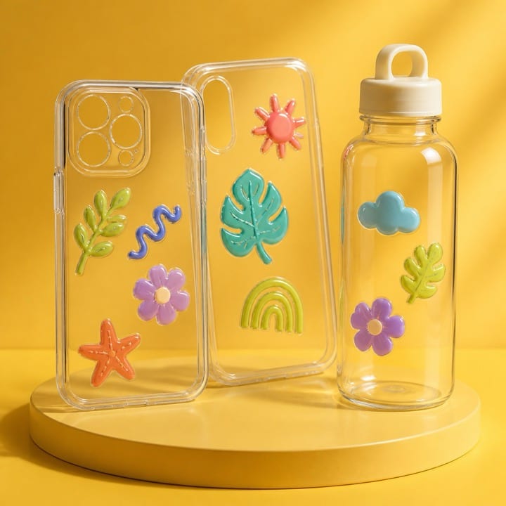 Şeffaf telefon kılıfları ve şişe üzerinde parlak kabartmalı soğuk baskı sticker uygulamaları